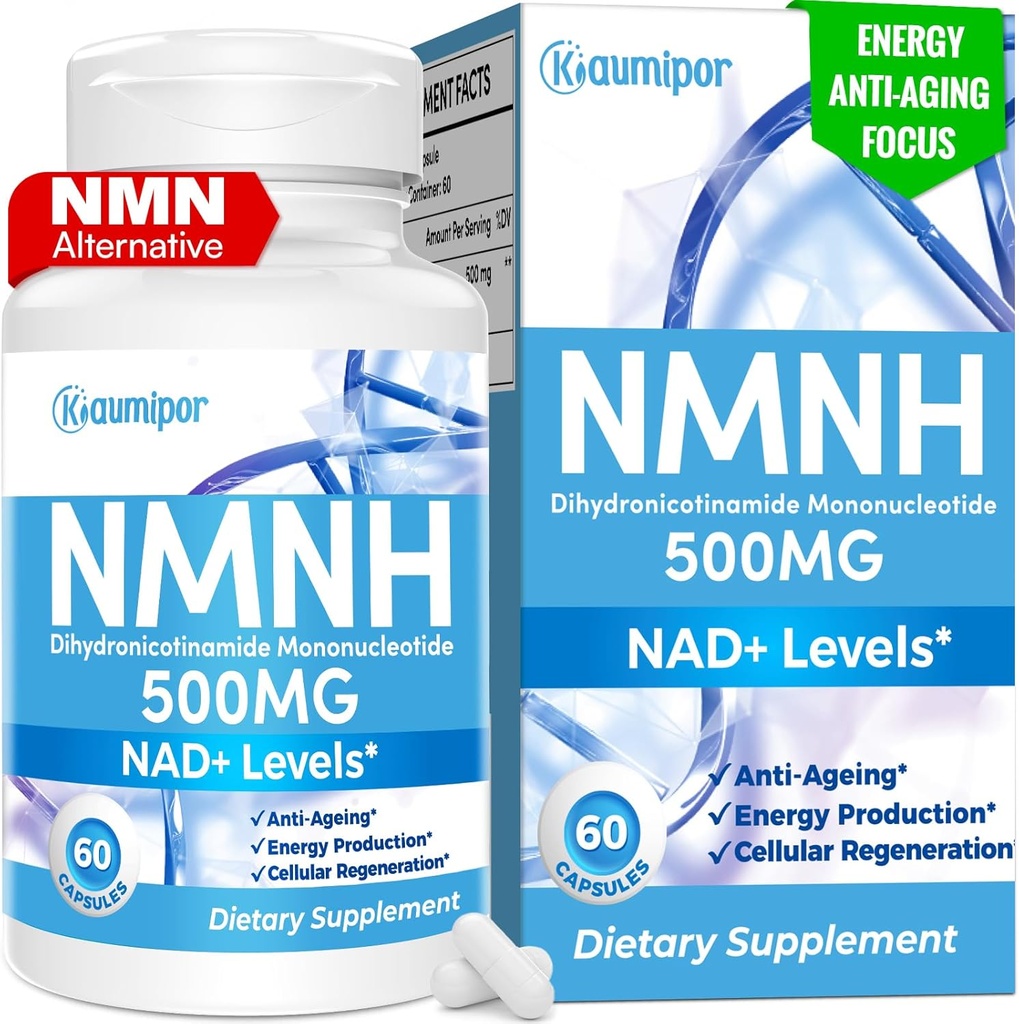 NMNH (Dihydronotinamid Mononukleotid) NMN Alternativt Supplement, 500 mg Per Serving NAD Supplement for å øke NAD+ Nivåer, for Anti Aging, Energi, Immunitet, Fokus, 60 Vegan Kapsler