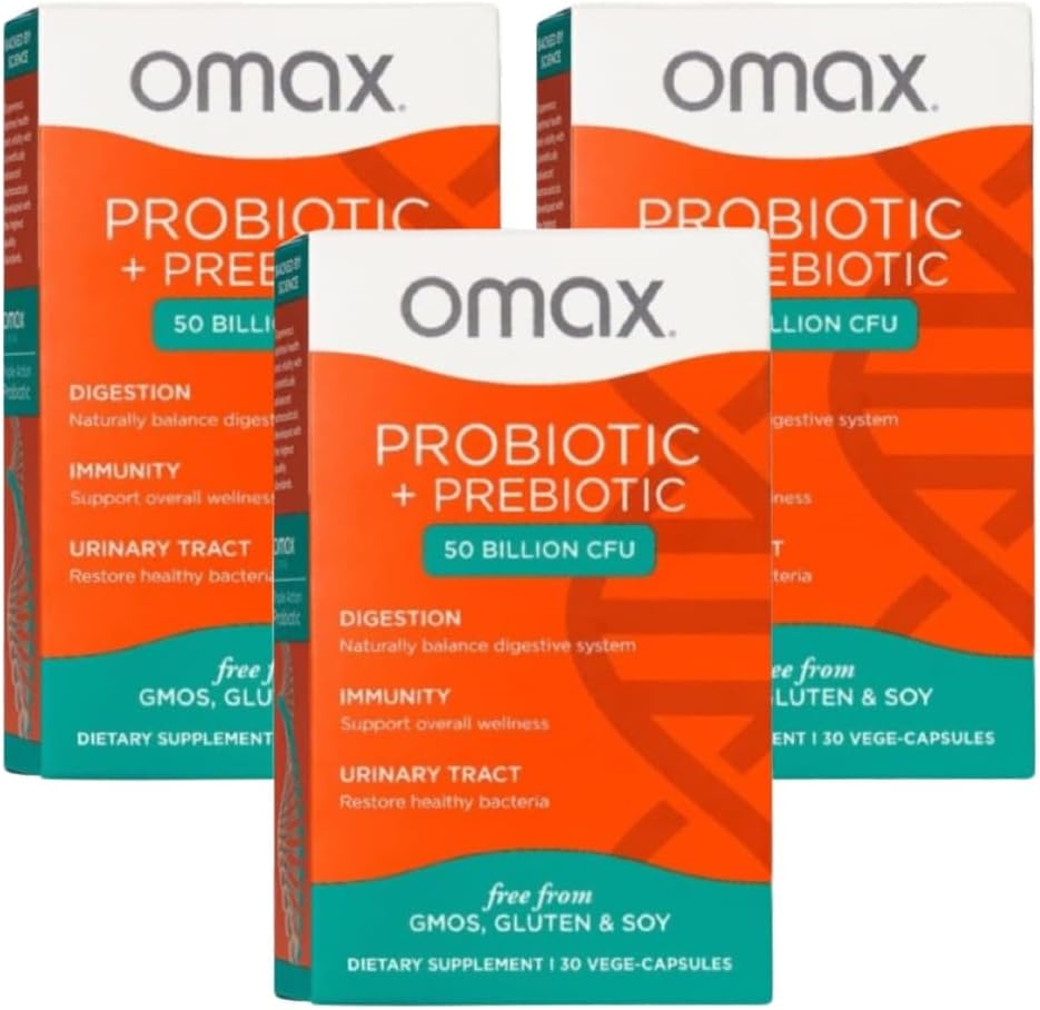 Omax3 Prebiotic & Probiotic 50 Million CFU + Chicory Inulin, 10 Strain, Redusere blooding, Digestion, SIBO, Leaky Gut, Vaginal pH, Acidophilus, Vegan, Dairy Free, Glutenfri, Blemster pakket (2 Pack)