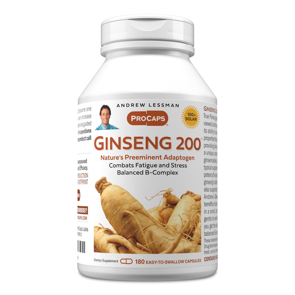 ANDREW LESSMAN Ginseng 200 mg - 180 kapsler - Standardisert ekstrakt til å støtte godt being. Adaptogen, bekjemper tretthet og stress. Små, lette kapsler. Ingen additiver