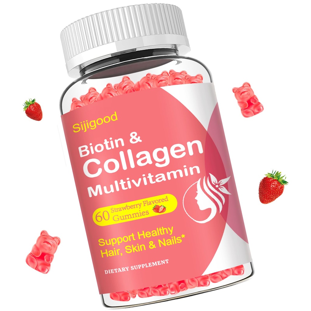 Kollagen Gummies For Kvinner, Kvinner Over 50, Kollagen Peptider Protein Type I,II,III,V,X med Biotin Keratin Vitamin C A D E B12 K2 for Hud Hår Nagler Immunitet Energi 60 Jordbær Flavored Gummies