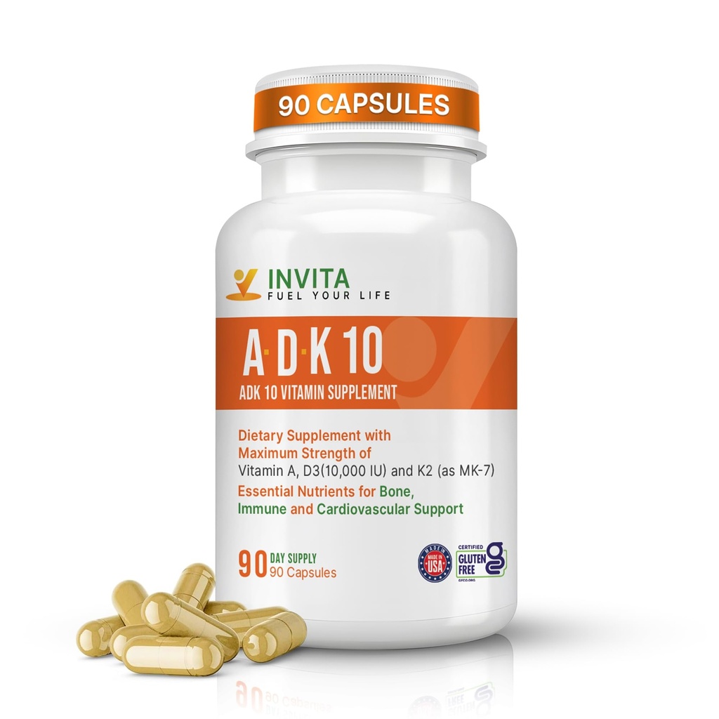 INVITA, ADK vitamin Supplement (10 000 IE) - ADK 10 Double Strength Vitamin A1, D3 & K2-MK7 – Lege formulert for bein, hjerte og immunstøtte – ikke-GMO, Glutenfri, 90 kapsler (3-måneders forsyning)