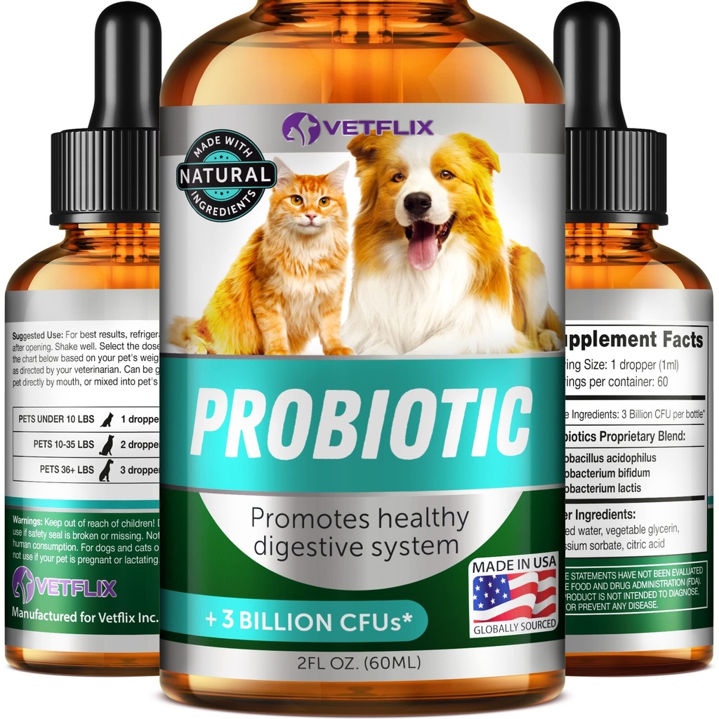 Premium Probiotika for hunder, katter - Digestive enzymer og prebiotika Supplement - Hjelper til å lindre diarré, diarré, upset magen, gass, forstoppelse og dårlig ånde - støtter Digestive System - 2 Fl Oz