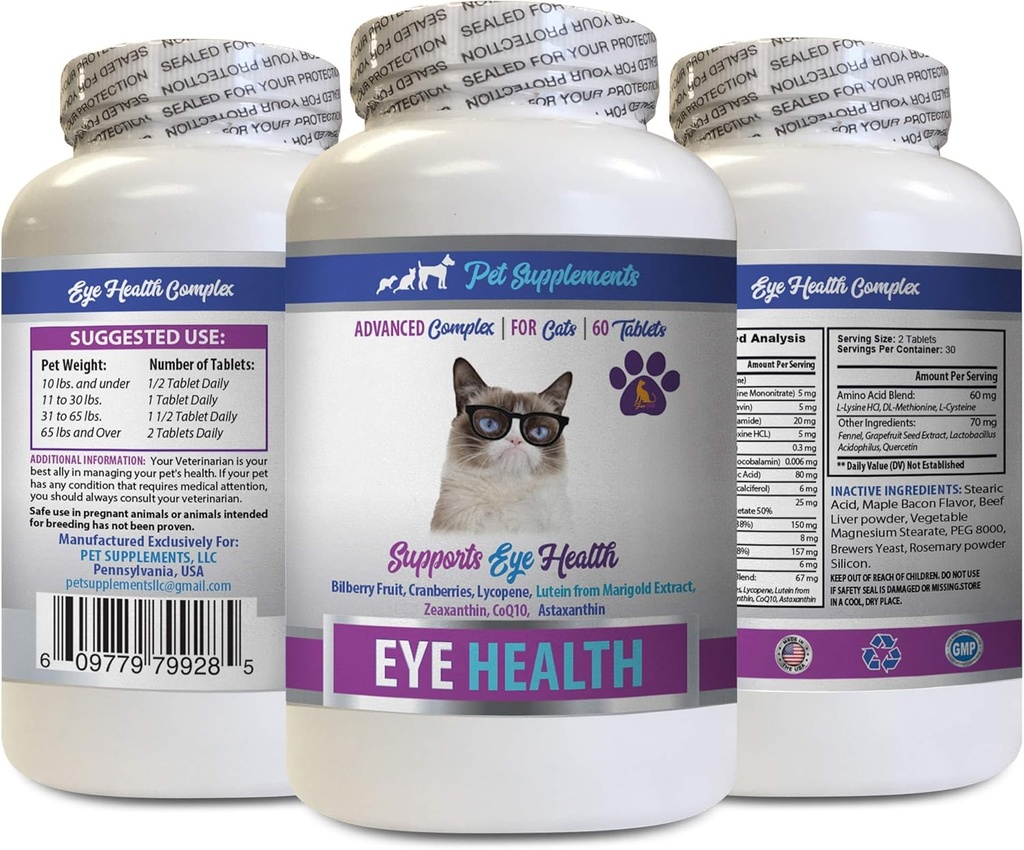 Cat Eye Vitamins - Cats Eye Health Complex - Advanced Formula for Eye Sight - Immun Boost - katt astaxanthin - 1 flaske (60 tabletter)