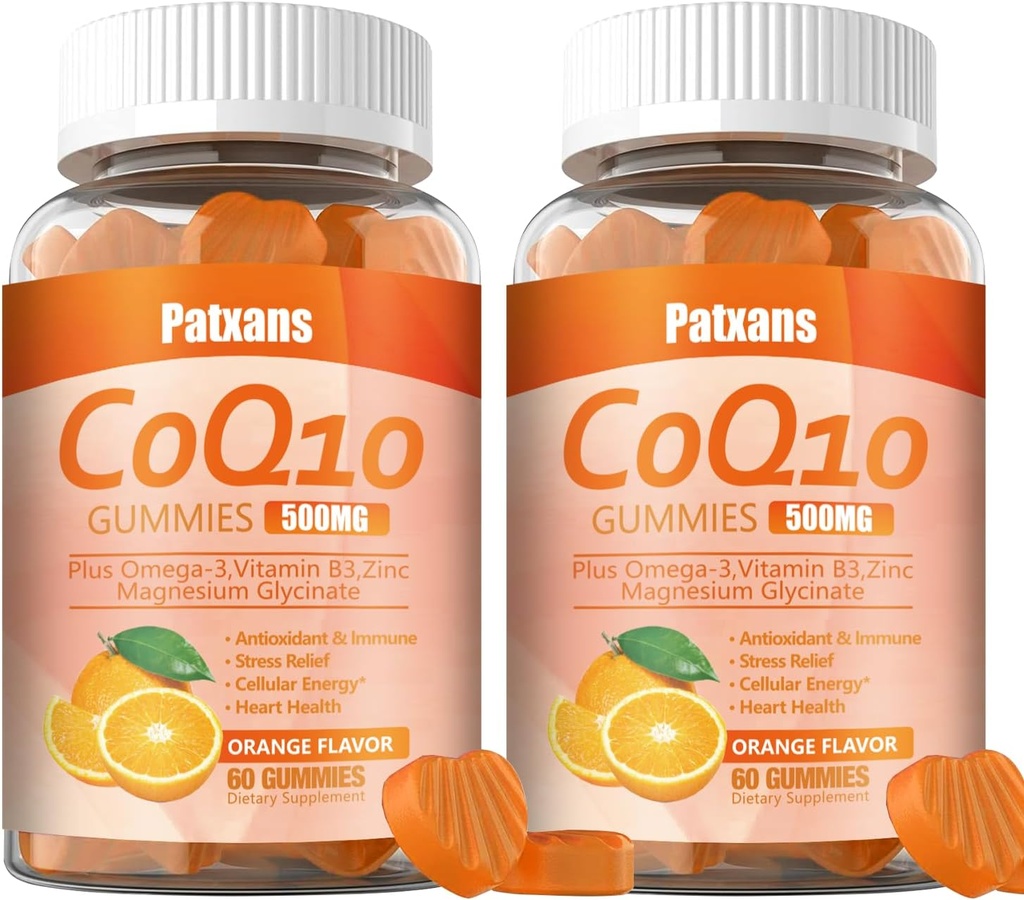 2 pakker 500MG CoQ10 Supplement Gummies, Omega-3, magnesium, vitamin B3, sink, ultra høy absorpsjon gir sunn støtte for hjerte, celleenergi og antioksidanter, 120Cts.