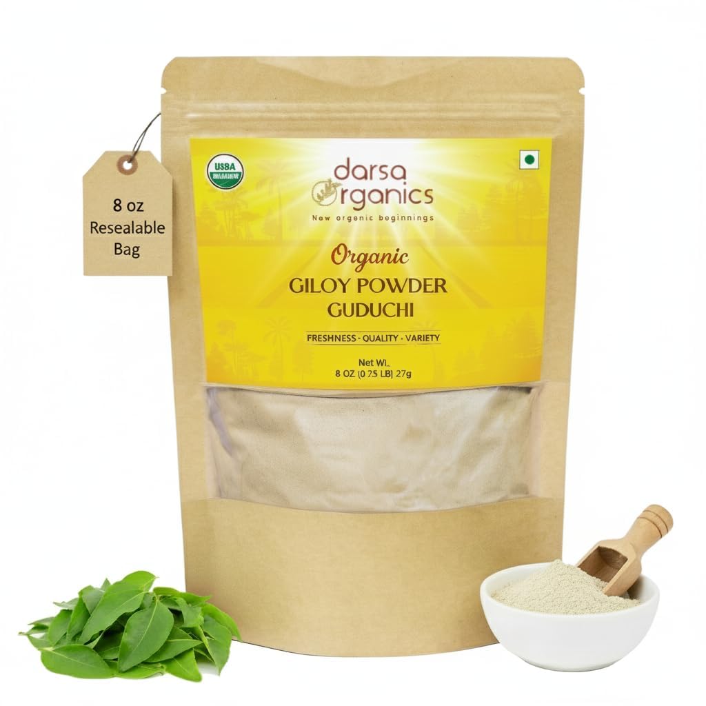 Giloy Powder 8 oz - Premium USDA Organic Guduchi pulver (Tinospora Cordifolia), Ayurvedic urt for immunitet og velvære, Herbal Te & Oppskrifter, Ikke-GMO, Kosher, Vegan, Forseglbar Pouch