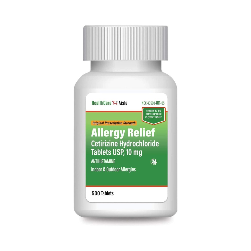 HealthCareAisle Allergi Relief - Cetirizine Hydrochloride Tabletter USP, 10 mg - 500 tabletter - Original reseptbelagt styrke Allergi Medisin, 24-timers relief