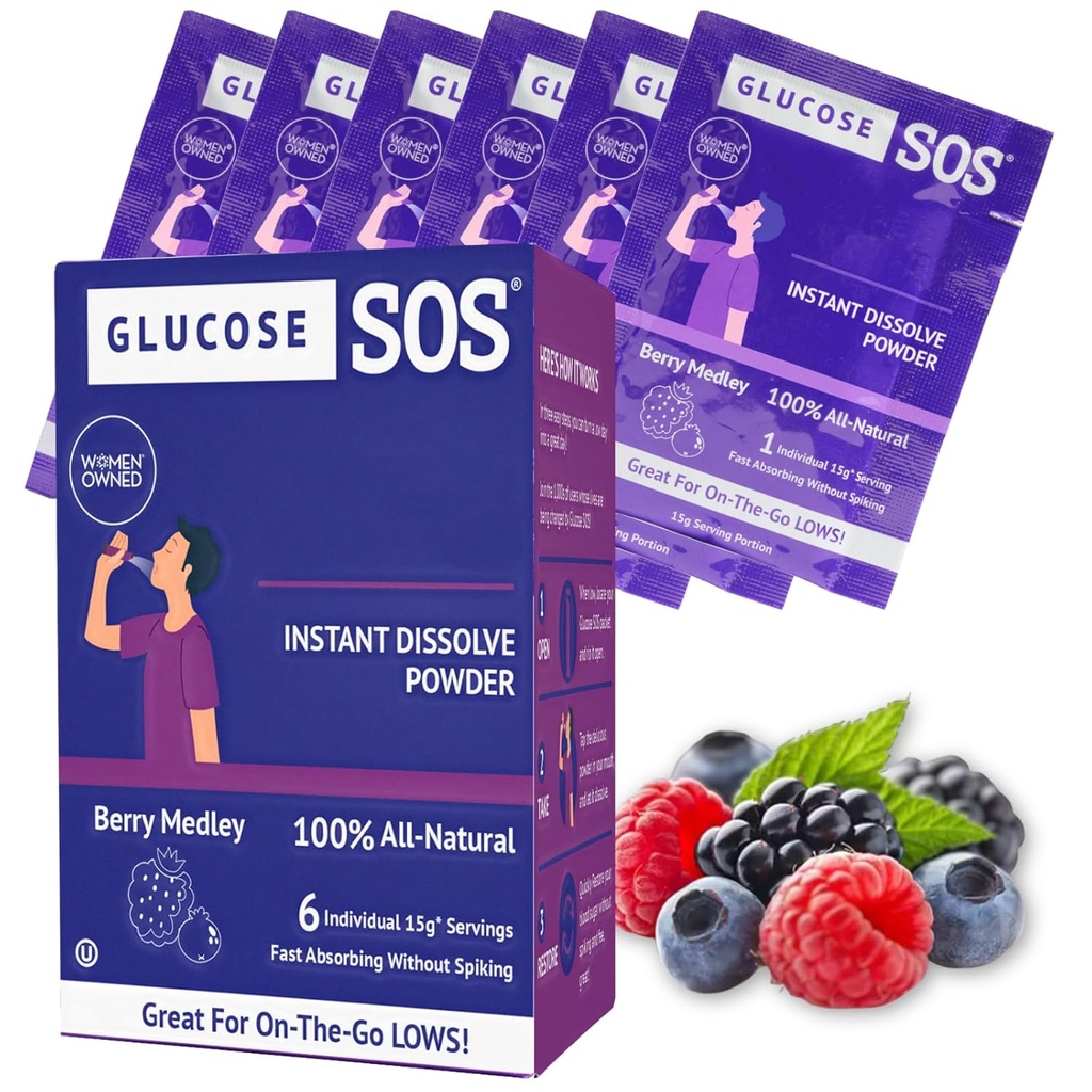 Glucose SOS Glucose Berry Medley Glucose pulver, naturlige dextrose pakker, raskabsorpsjon, umiddelbart oppløsninger, Ingen vann nødvendig, 6 saketter per eske