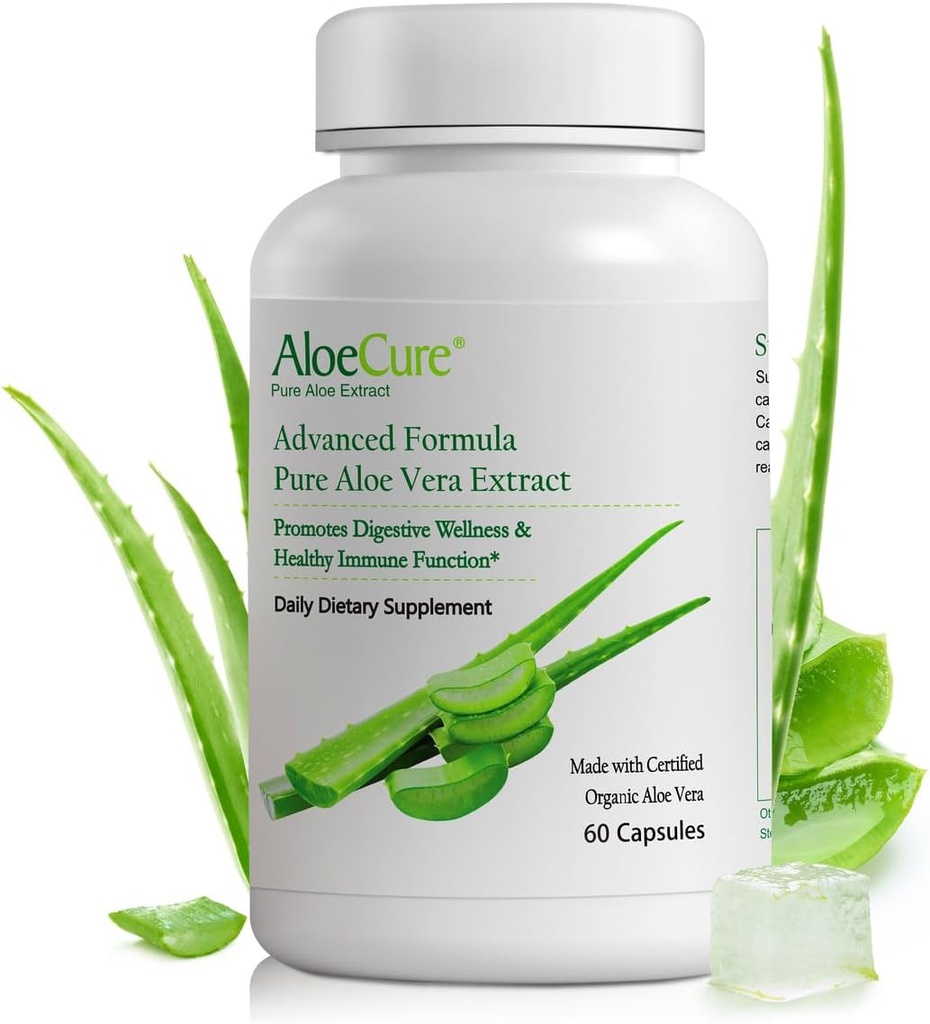 AloeCure Organic Aloe Vera Capsules, 130.000 mg Indre Aloe Leaf Equivelant per servering, Støtte Gut Helse & Digestive Comfort, Magesyre Buffer, Naturlig immunsupplement, Aloin Gratis, 60 Kapsler