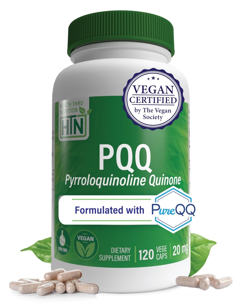 Health Thru Nutrition PQQ 20mg 120 Serverer Pyrroloquinoline Quinone som PureQQ | Fremmer Mitokondrial Biogenese | Certified Vegansk | Ikke-GMO Glutenfri Kapsler | Ren etikett PQQQ Tillegg