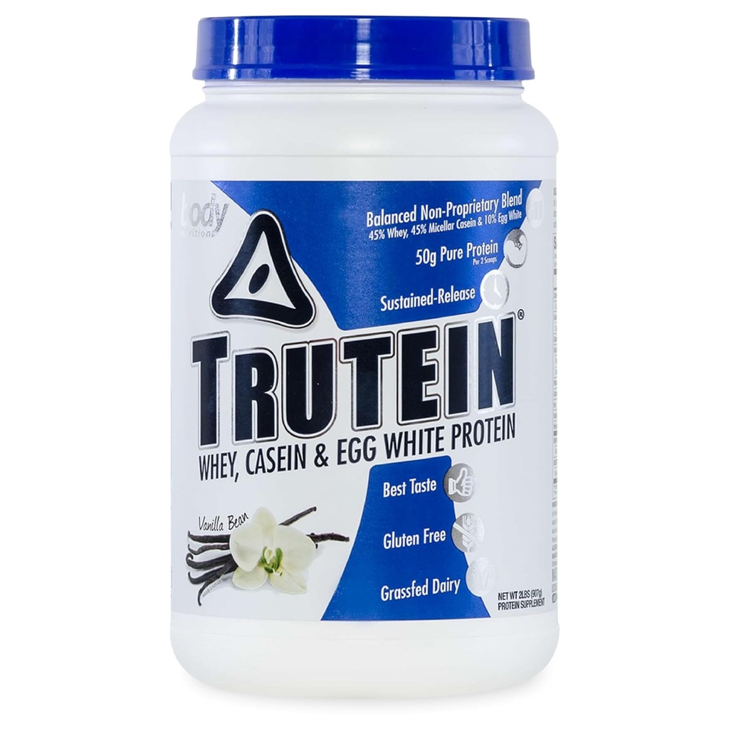 Body Nutrition Trutein High Protein pulver: 45% Whey, 45% Casein, 10% Egg Hvitt Protein Shake Mix, Glutenfri, Lav Natrium, Lavkarboproteintilskudd pulver for menn og kvinner, Vanilla Bean, 2lb
