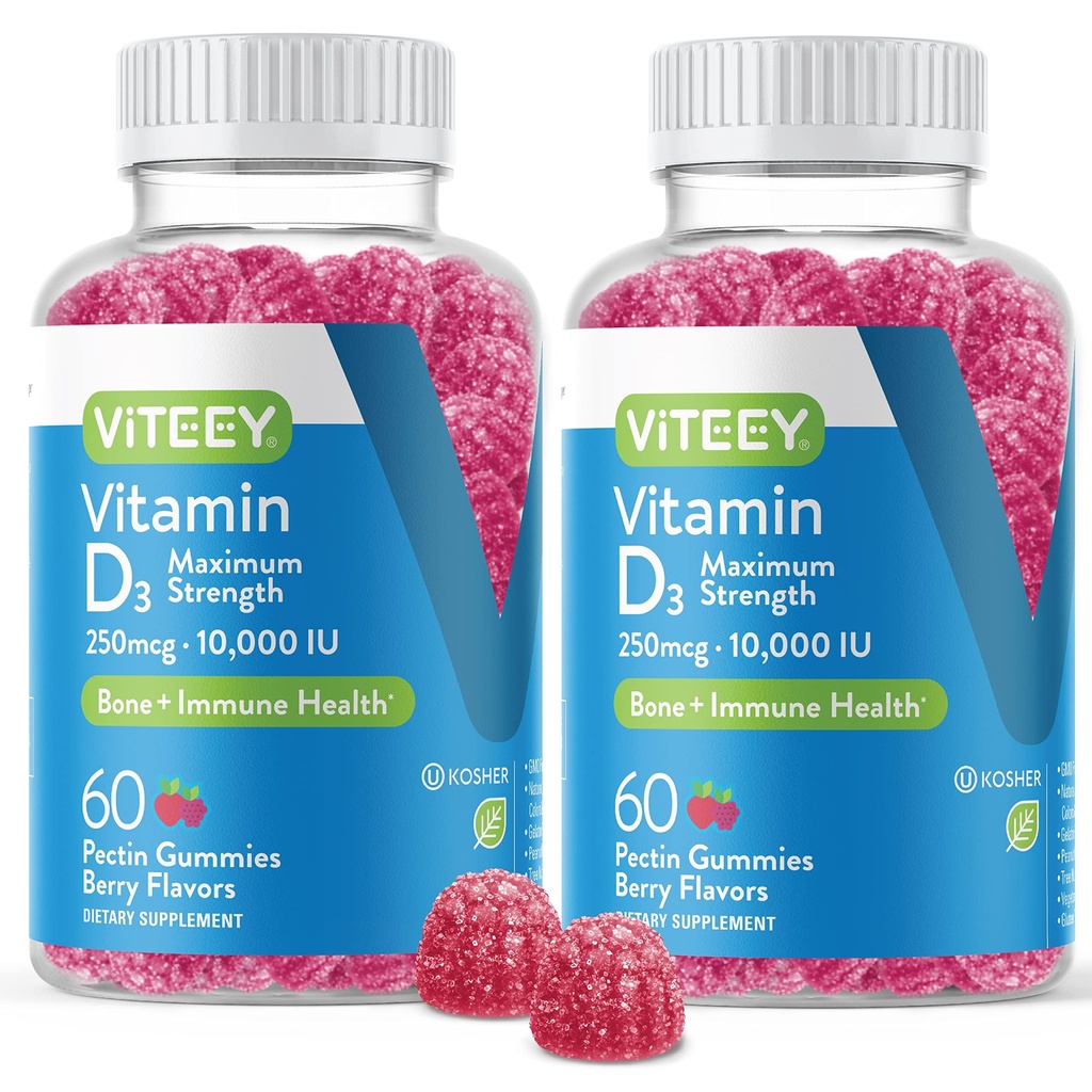 VITEEY Vitamin D3 Gummies for voksne og tenåringer - 10.000 IU, 250mcg, Maks styrke - Joint & Muscle Health, Immune Boost - Chewable Vitamin D Gummies - Vegetarisk, Gelatinfri - Tastig Berry Flavored