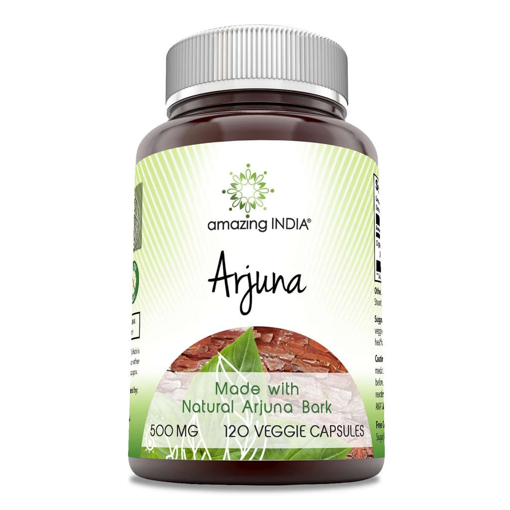 Amazing India Arjuna (Made med naturlig Arjuna) 500 Mg Supplement | Vegetariske kapsler | Ikke-GMO | Glutenfri | laget i USA (1 Pack | 120 Count)