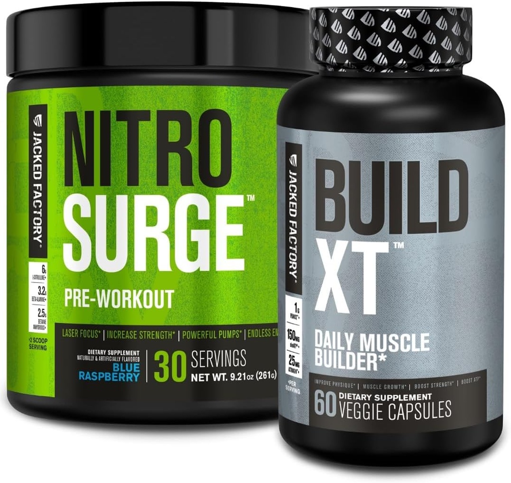 Jacked Factory Nitrosurge Pre-Workout i blå bringebær og bygge XT Muscle Building Bundle for menn og kvinner