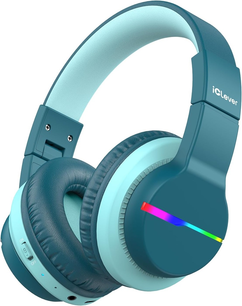iClever BTH12 Kids Bluetooth-hodetelefoner, Fargerike LED-lys trådløse barn hodetelefoner,74/85dBA Safe Volume,85H Spilletid, Blåtann 5,2,Over øre Hodetelefoner innebygd Mic for iPad / Tabell / Fly, Grønn