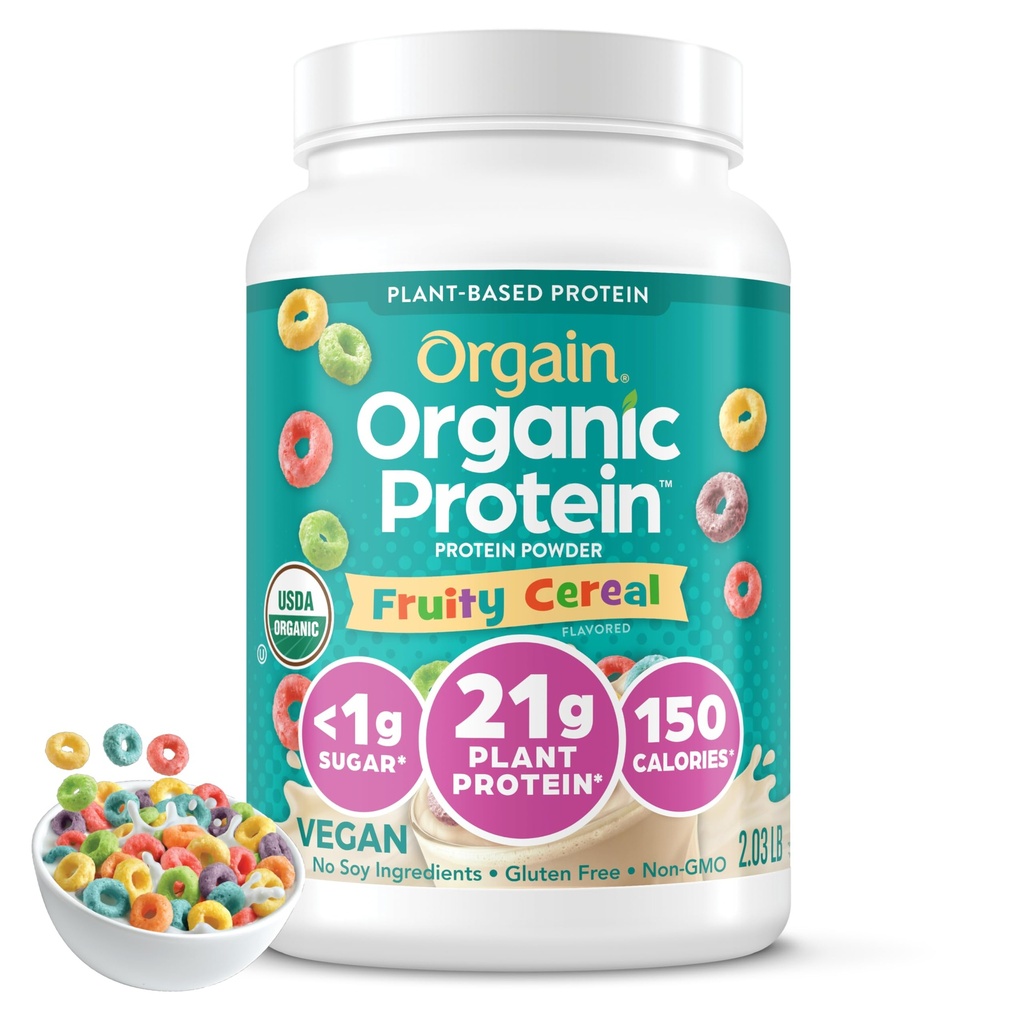 Orgain organisk vegansk proteinpulver, fruktig cereal - 21g plantebasert protein, 8g prebiotiske fiber, lavnett karbohydrat, ingen Laktose ingredienser, Ingen ekstra sukker, ikke-GMO, For rist og smoothies, 2,03 lb