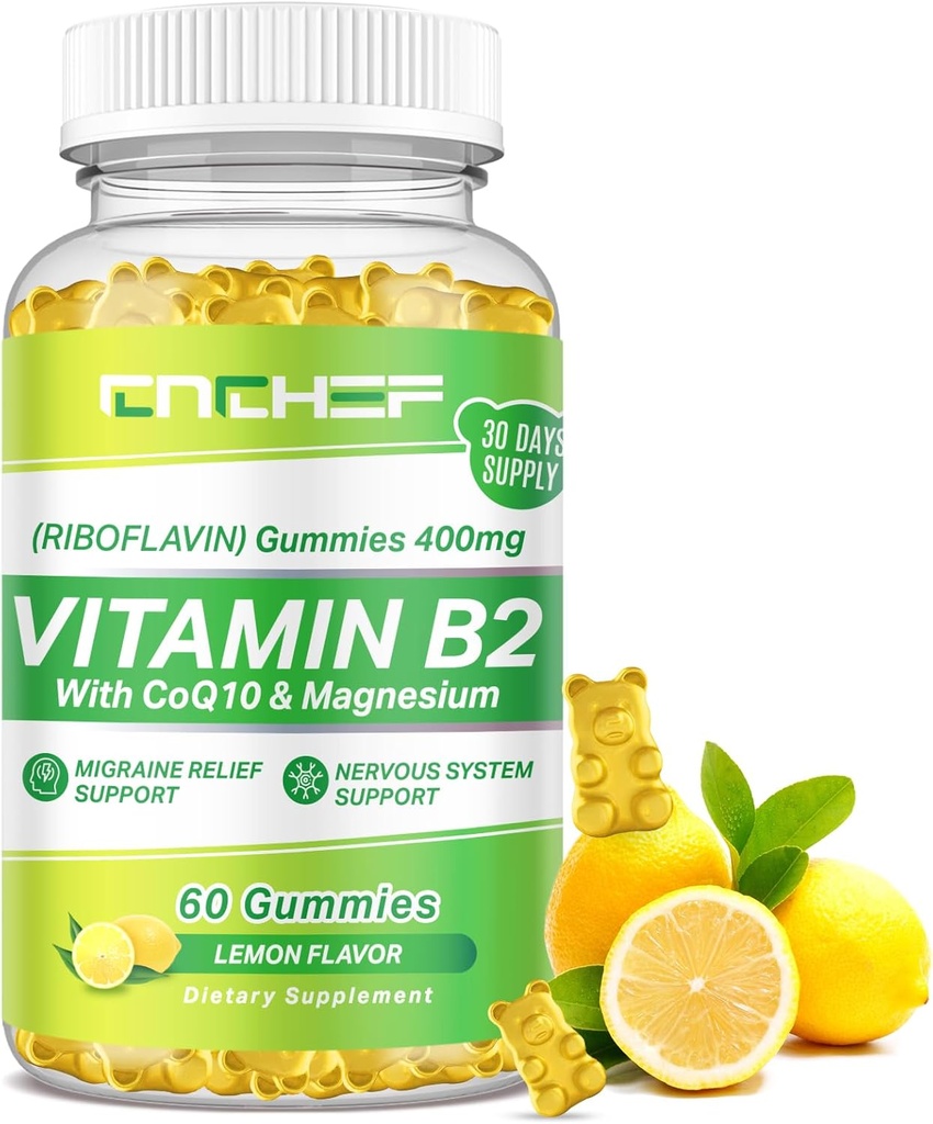 Vitamin B2 Gummies for voksne og barn - Riboflavin 400mg Supplement med magnesiumglykinat & CoQ10, Støtte Migrain Relief & Nervesystem, Boost Energy, Sukkerfri Vegan B2 Gummies Lemon Flavor