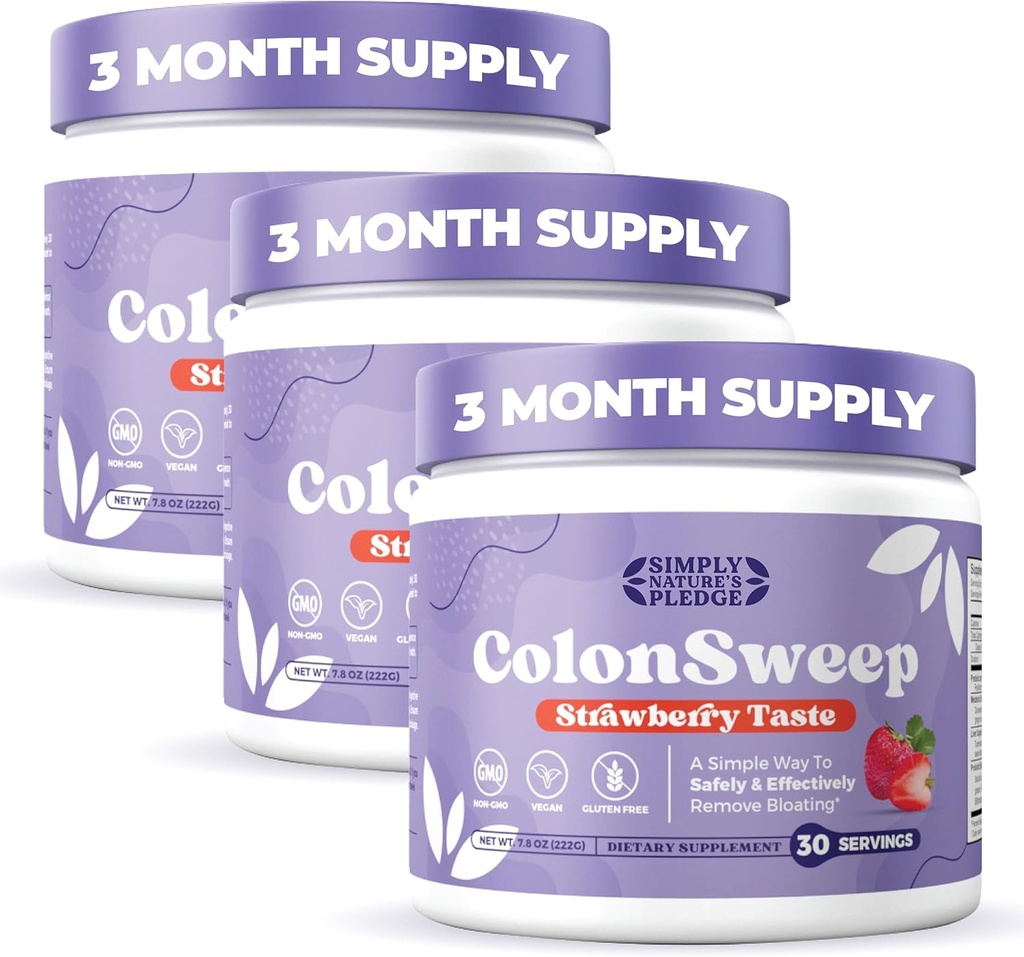 ColonSweep - Strawberry Flavored Probiotic Psyllium Husk Powder Colon Cleanser, 7,8 oz. Fiber Supplement Støtte for Gut Helse - Rensing for Bloating Relief & Detox- 30 Serveringer (Pack of 3)