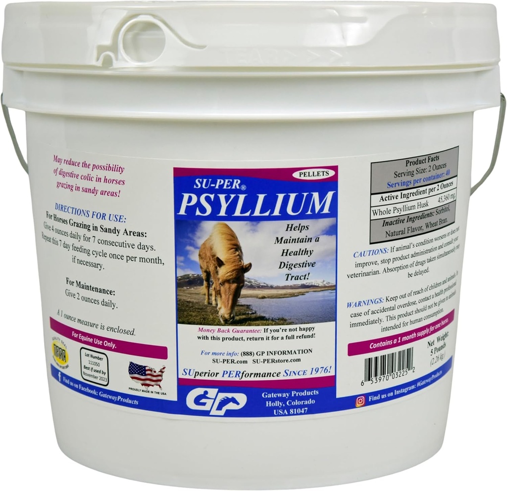 SU-PER Psyllium Pellets Equine Supplement - opprettholder sunne Digestive Tract i hester - støtter fjerning av sand & dirt fra intestinal Tract - 5 pund, 1 måneds forsyning
