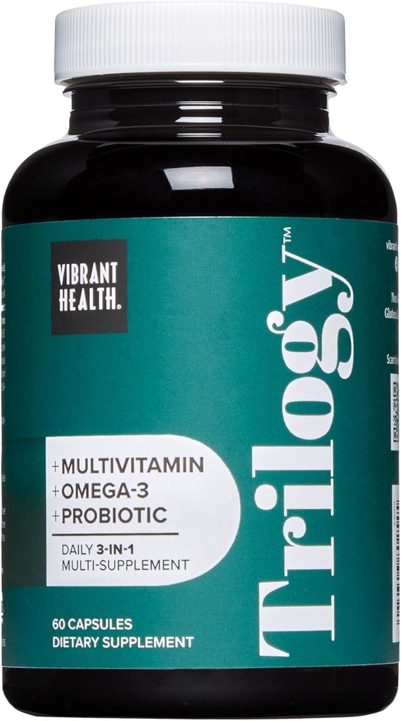Vibrant Helse, Trilogi, Probiotisk Multivitamin med en essensiell blanding av Omega-3, vitamin A, B12, C, D3, E, Selenium, Magnesium & Zinc, 30 Serveringer