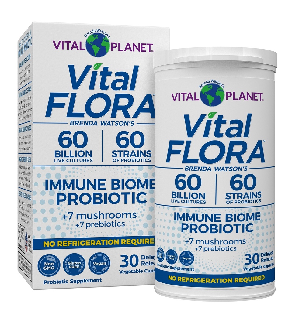 Vital Planet - Vital Flora Immune Support Probiotic, 60 milliarder CFU, 60 Diverse Strains, 7 Organic Mushroom Supplement Blend med prebiotika, Holde stabile Digestive Helse Probiotika 30 Kapsler