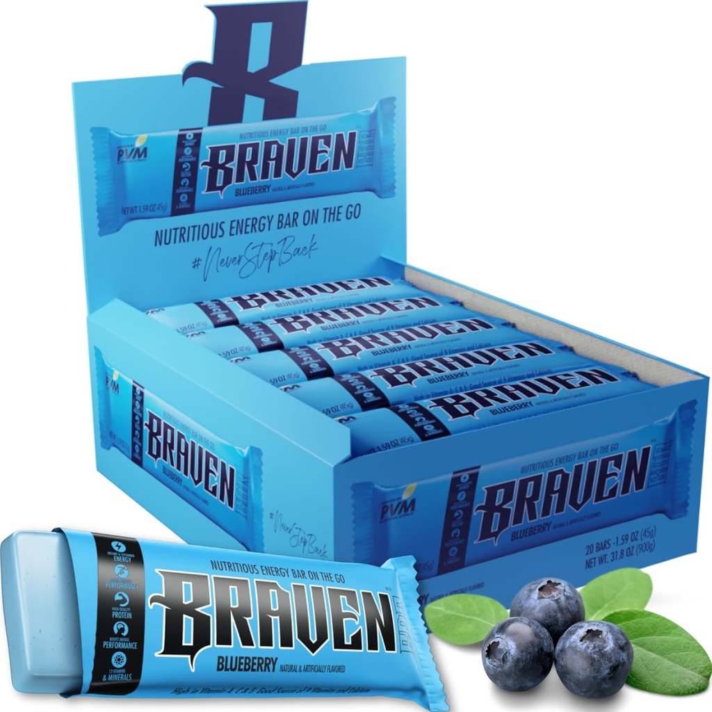 Braven Bar Blueberry Energi Bars (1.59 oz, pakke med 20) – Energi Chews med 5g Protein – On-the-Go Energi Snacks for løp, spaserturer og idrett - Glutenfri Snacks for disponibel energi Boost
