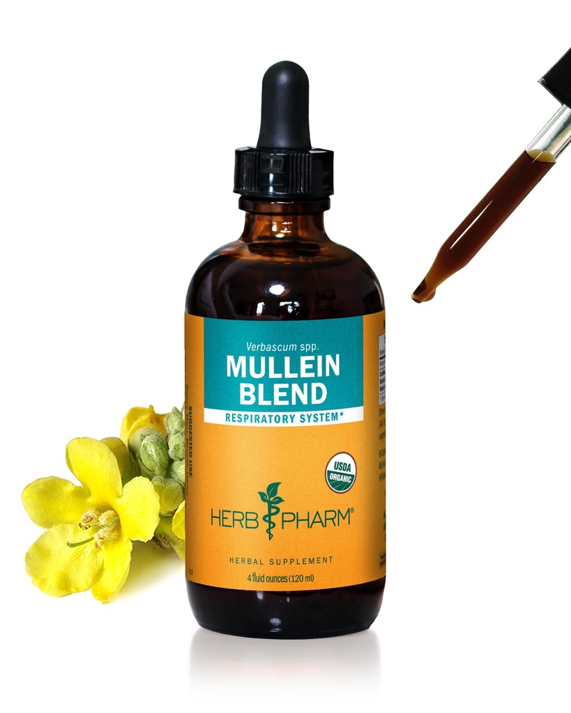 Herb Pharm Certified Organic Mullein Blend Liquid Extract for pustende system støtte - 4 Ounce