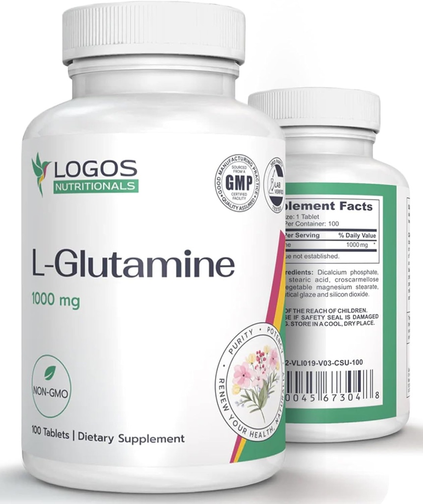 L Glutamin 1000mg | Kosttilskudd for muskelvev | Ikke-GMO L-Glutamine for Gut Helse og Lining | Unflavored piller (100 greve)