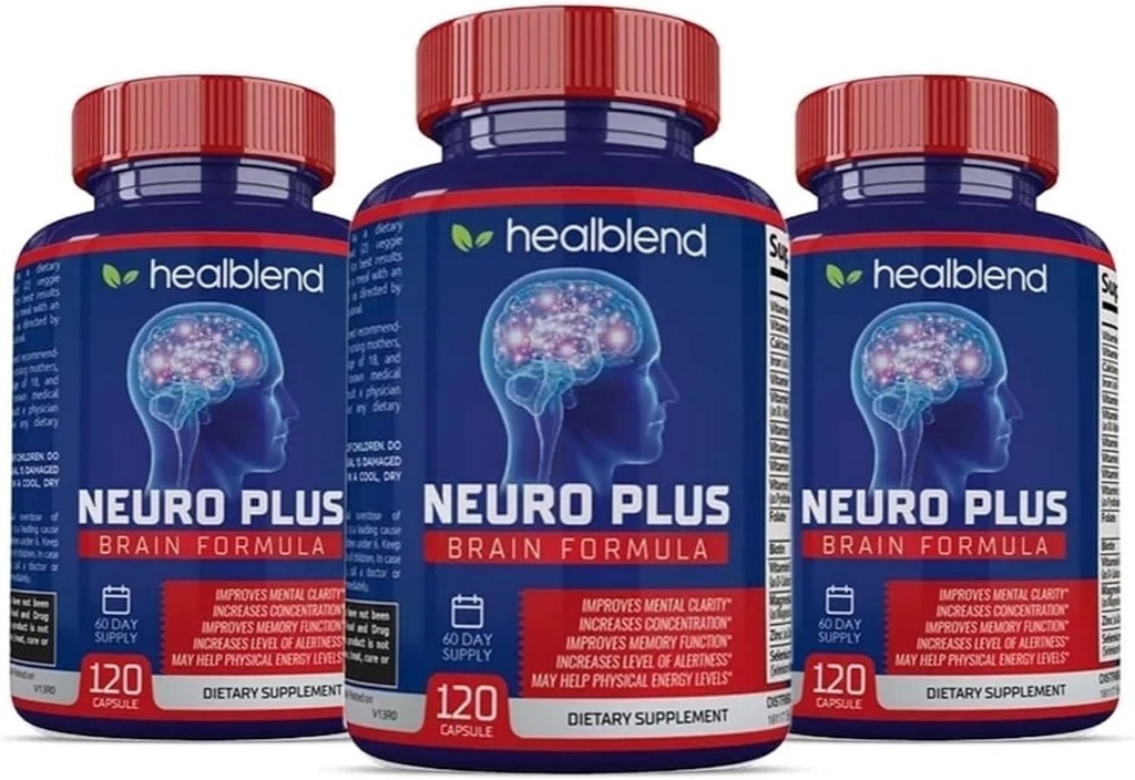 Neuro Plus Brain & Focus Formula - Brain Booster Supplement, støtter mental klarhet og fokus - forbedrer konsentrasjon og mental energi - 120 kapsler (3 pakke)