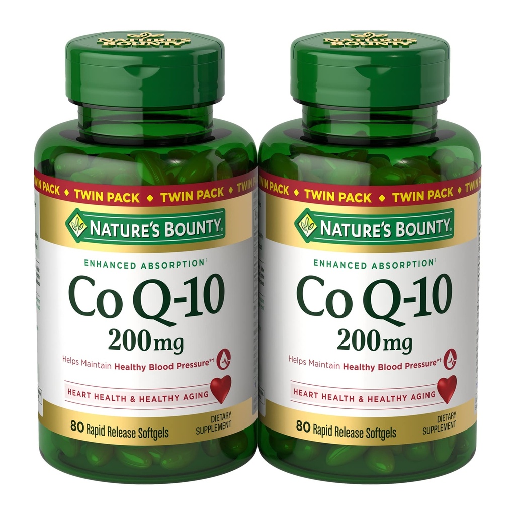 Naturens Bounty CoQ10 200 mg Softgels, hjertehelse og cellulære energistøtte, Twin Pack, 160 Rapid Release Softgels