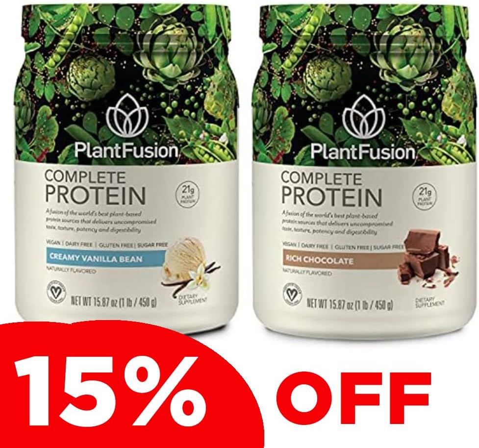 PlantFusion Komplett Plante Basert Pea Protein pulver Bundle, Ikke-GMO, Vegan, Dairy Free, Glutenfri, Soya Gratis, Allergy Gratis w / Digestive Enzymer, Diett Supplement, Vanilla Bean og Sjokolade 1 pund
