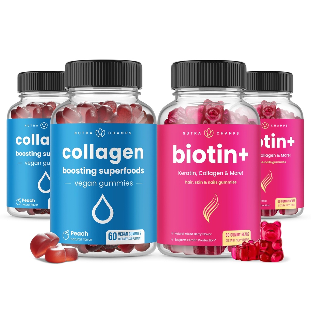 NutraChamps komplett hår, hud og negler Bundle. Biotin, Collagen, Keratin