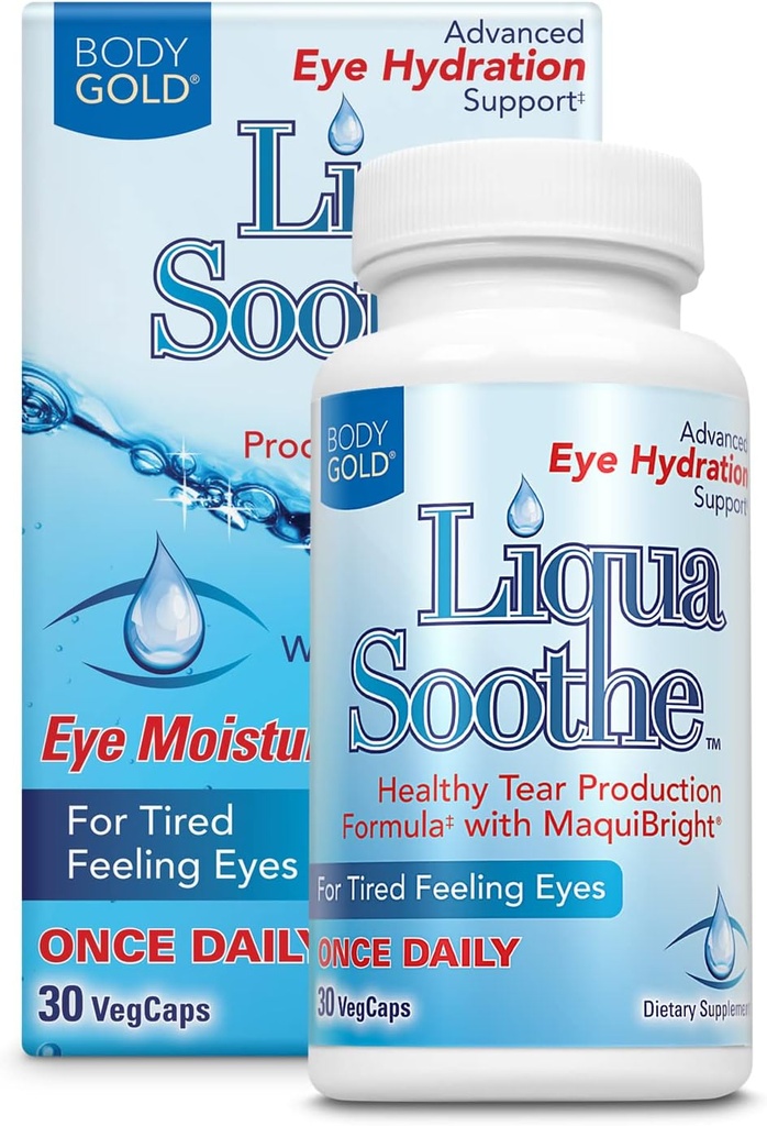 Body Gold Liqua Soothe Eye Helse Supplement, Sunn tear produksjon formel for tørr, trøtt følelsesøye, w/MaquiBright, Vitamin A, Lutein og Hyaluronsyre, 60 dagers garanti, 30 Serv, 30 Vegkaps