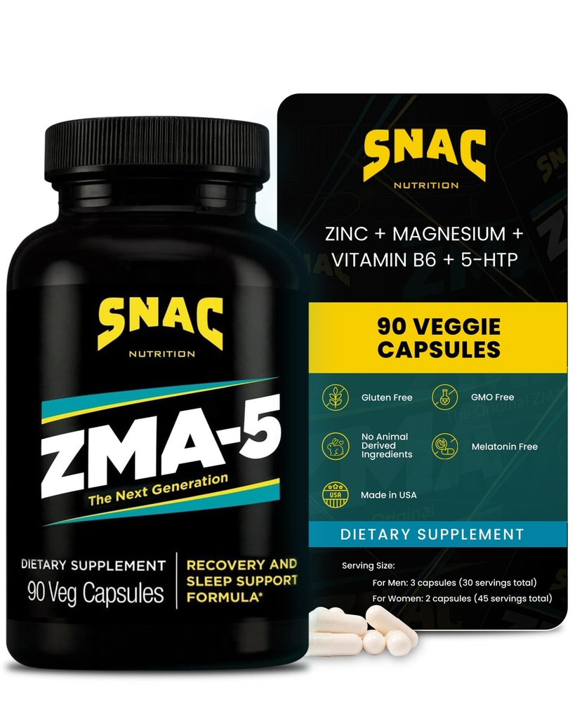 SNAC ZMA-5 søvnhjelp kosttilskudd, fremme muskelgjenvinning og vekst, immunstøtte, og restorativ søvn med sink, magnesium og 5-HTP, post trening, før seng ZMA kosttilskudd 90 Veggie kapsler