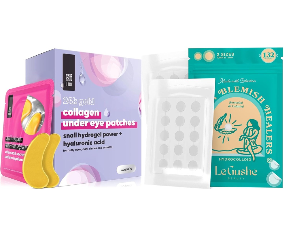 LE GUSHE Pimple Patches for Ansikt (132 prikker) & Under Øye Patches (30 par). Gull Øyemaske med collagen og aminosyre, kjøleøye omsorg for krukker, puffy øyne og mørke sirkler
