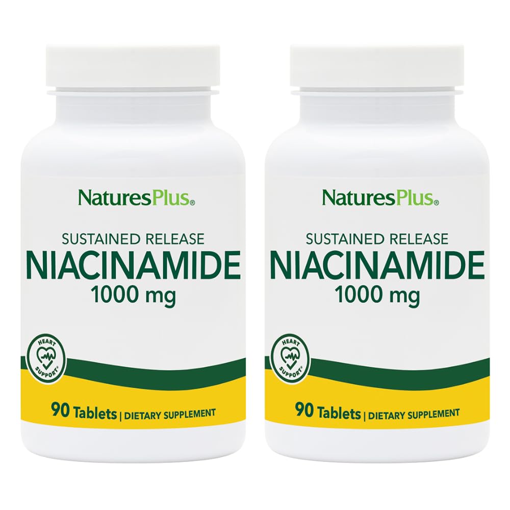 Natures Plus Niacinamide 1000 mg - 90 eksepsjonelle releasetabletter, pakke med 2 - Støtter immun- og hudhelse, energiproduksjon og hjernefunksjon - vegetarisk, glutenfri - 180 Total Services