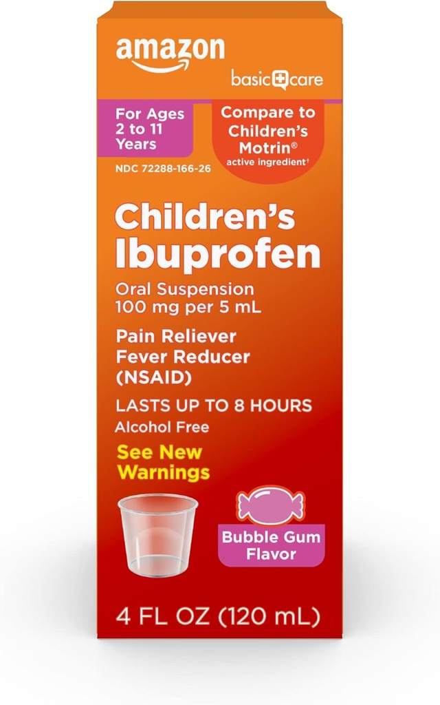 Basic Care Barns Ibuprofen Oral Suspensjon, 100 mg, Bubblegum, 4 floz (pakke med 1)