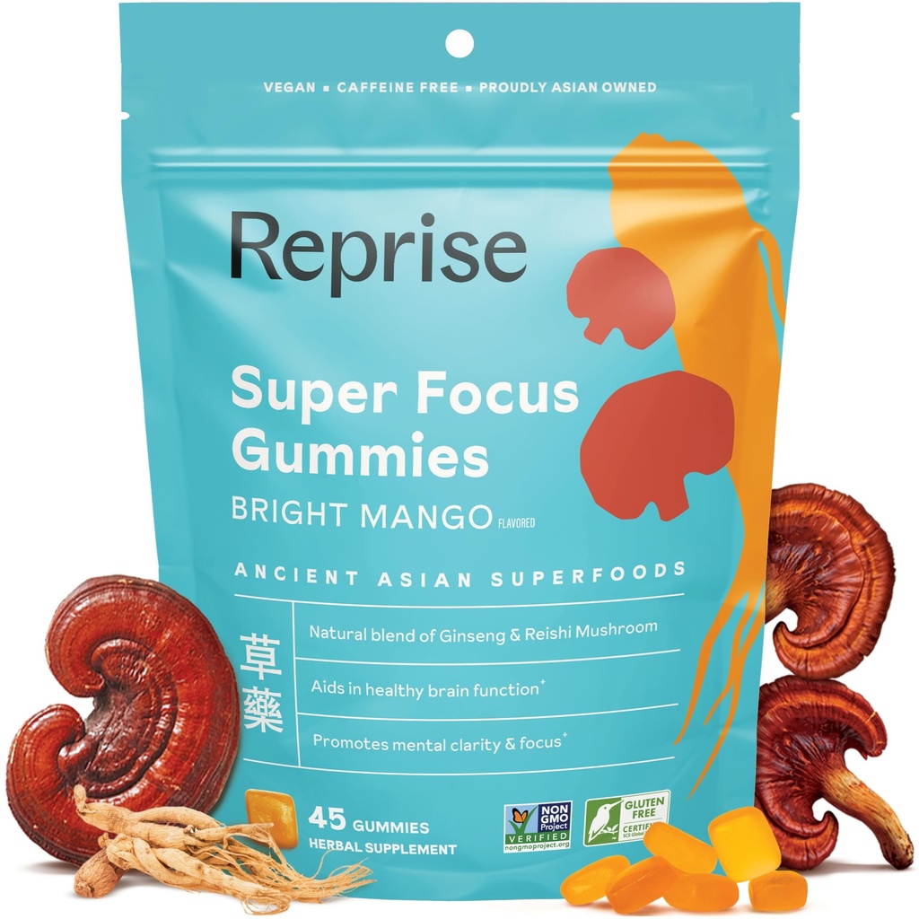 Fokus Gummier for voksne | Amerikansk & koreansk Ginseng med Reishi Mushroom | Alle naturlige gummier for fokus, Mood og energi | Mango Flavored | 45 Count