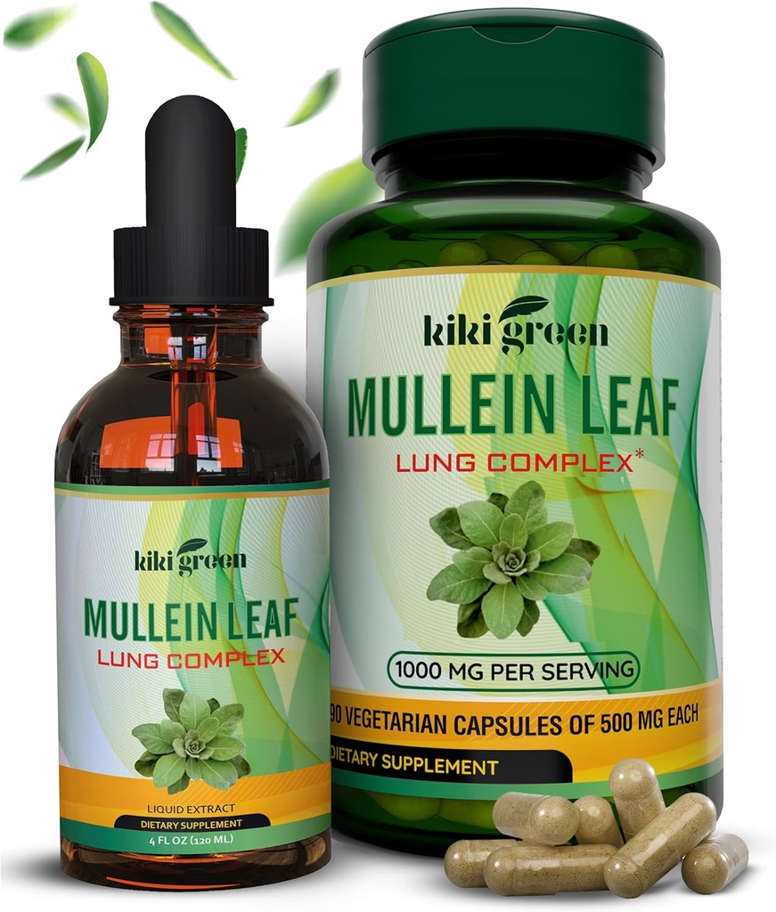 KIKI Green Mullein Capsules & Liquid Drops Bundle - Mullein Leaf Extract Kosttilskudd, 90 Kapsler + 2 fl oz - for respirasjon og immunitet støtte, bedre Lung funksjon, Lung Cleans & Relief