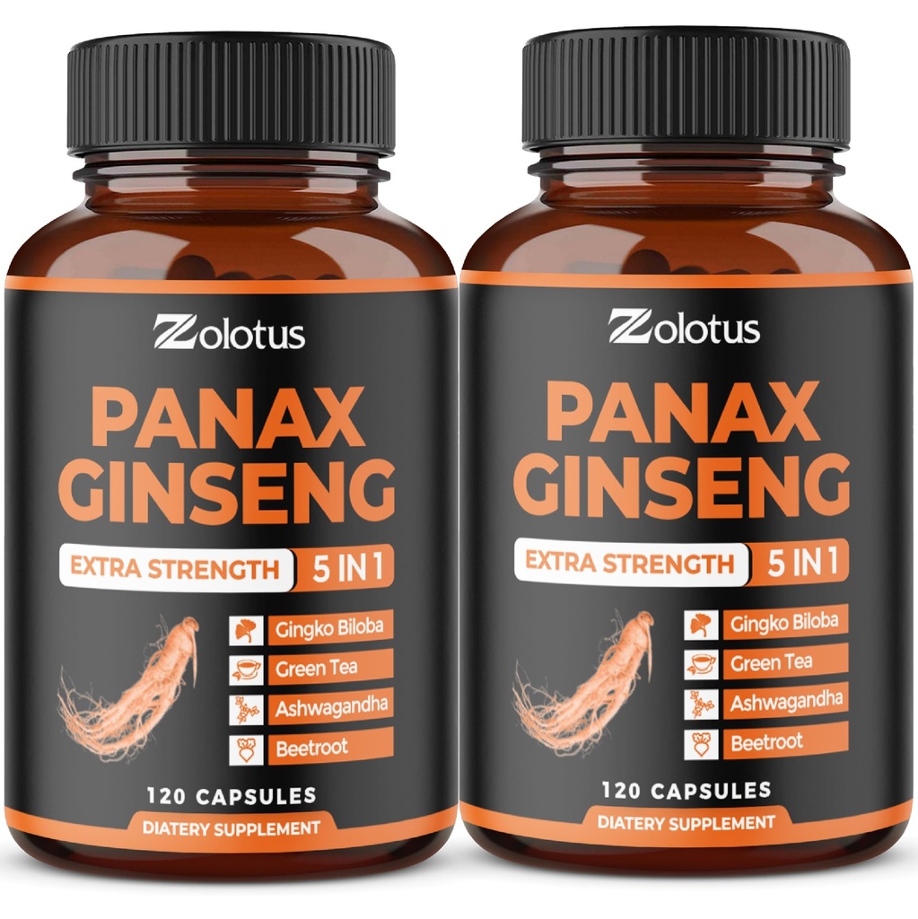 Zolotus Korean Red Panax Ginseng + Ginkgo Biloba, Ashwagandha, Beetroot, Grønn Te - 120 Kapsler (Pack of 2)