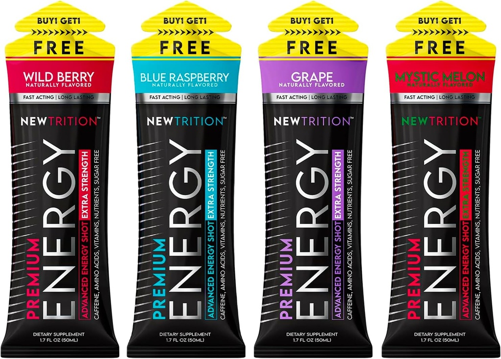 NewTrition® Extra Styrke Energi Shots, 250 mg Koffein energi med vitamin B & Aminosyrer, sukkerfri vitamin energi Shot, null calorie Focus & Stamina Booster, 1,7 fl oz (Pack of 4, 4 Flavors-Mixed-1)