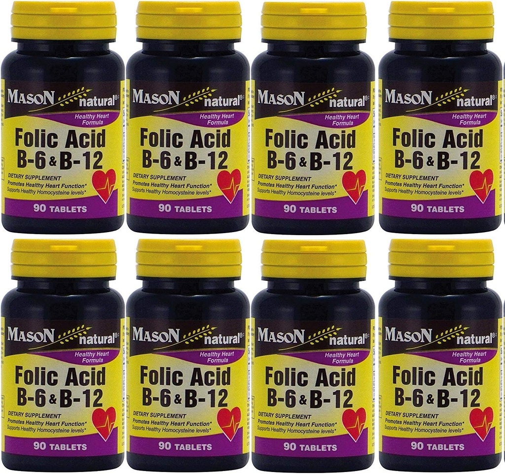 Mason vitaminer Folic Acid B-6 & B12 hjerte helse formel 90 tabletter per flaske pakke med 8 Totalt 720 tabletter