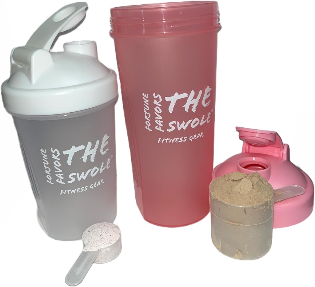Shakerflaske 2 pakker til proteinshakes, pre-trening og post-trening. Et 24-uttak/ett 14-uttak. I forskjellige farger. (Pink/clear)