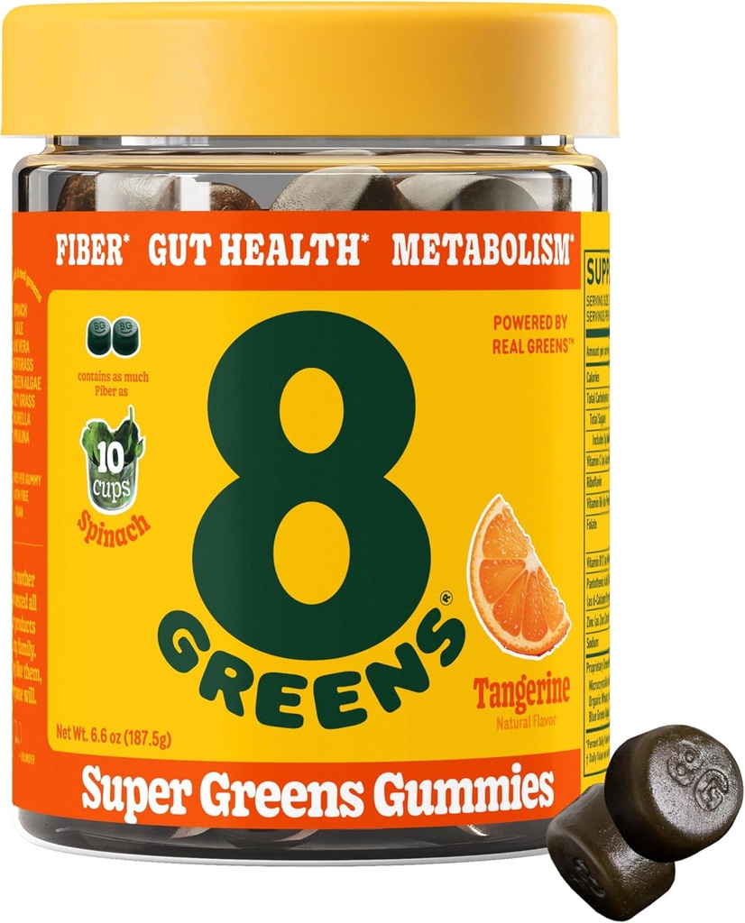 8Greens Fiber Super Greens Gummies | Fiber, Gut Helse, Metabolisme. Digestiv helse, Økt immunsystem og digestiv helse med 8 ekte grønn - ikke-GMO formel, gummy, Tangerine Flavor, 50 greve