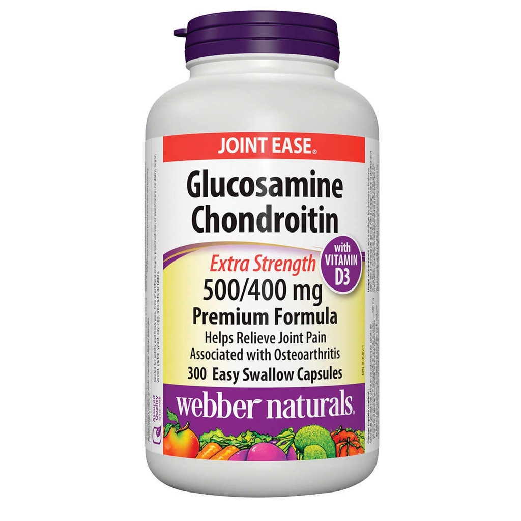 Webber Naturals Glukosamine Chondroitin med vitamin D3, ekstra styrke, 500/400 mg, Premium Formula, 300 Lette svelgekapsler