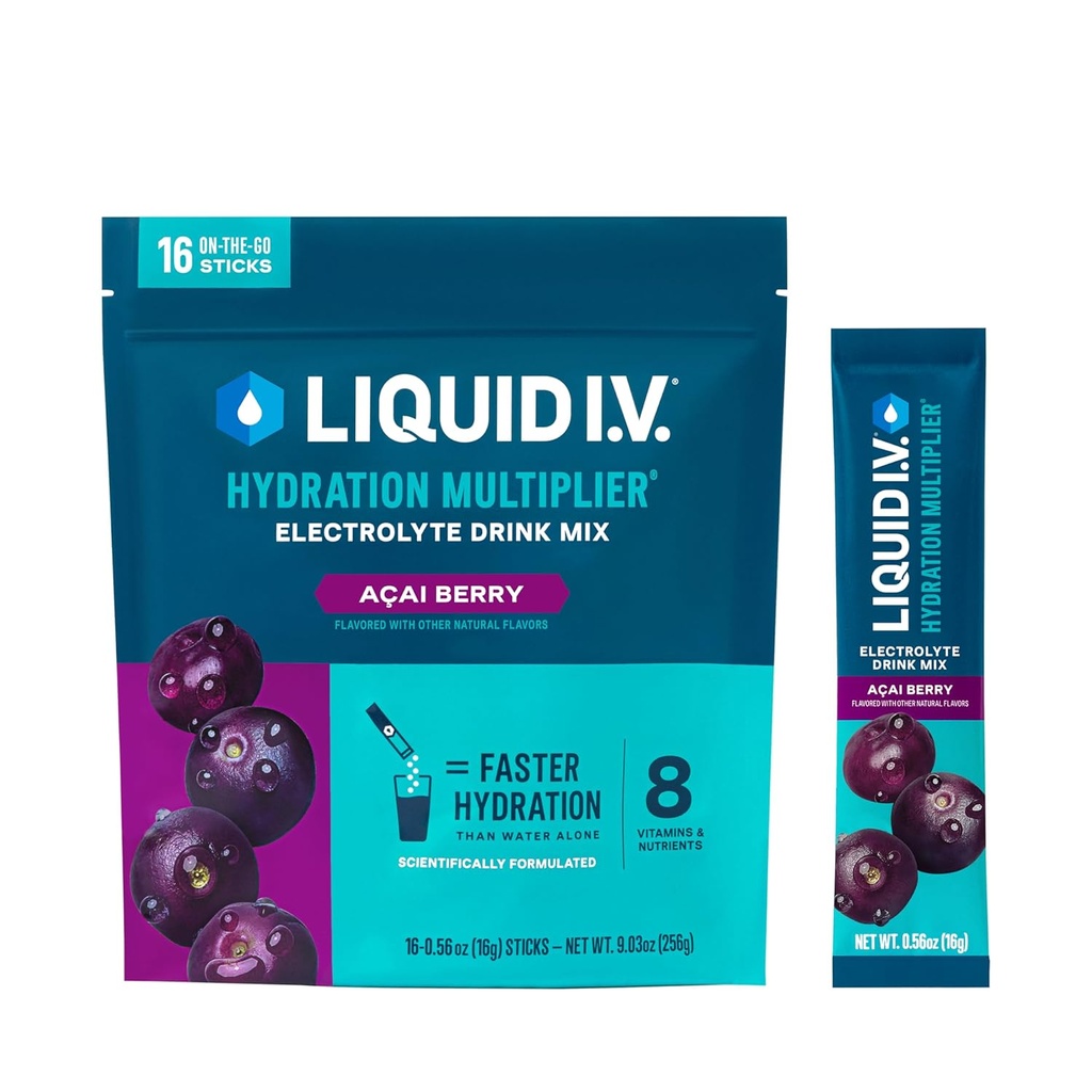 Væske I.V.® Hydration Multiplier® - Açaí Berry - Hydration Powder Packets | Electrolyte Powder Drink Bland | Beleilig enkeltserving Sticks | Ikke-GMO | 16 Serveringer (pakke på 12)
