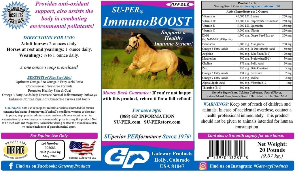 SU-PER ImmunoBOOST Hest Anti-Oksydant Supplement - Støtter immunsystem og ernæringsproblemer - Vitaminer E & C, Grape Seed Extract, Herbal ekstrakter - 20 pund, 5 måneders forsyning