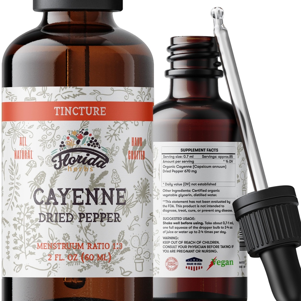 Cayenne Tinktur Ekstrakt, Økologisk Cayenne (Capsicum annuum) Tørket Pepper - Grønnsaker Glycerin - Ikke-GMO - 2 oz