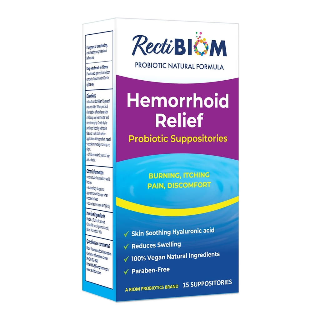 RektiBiom probiotiske hemorroide lindringssuppositorier med huden beroligende naturlige ingredienser, rask lindring. Hyaluronsyre og gurkemeieekstrakt, Vegansk, Glutenfri formulering