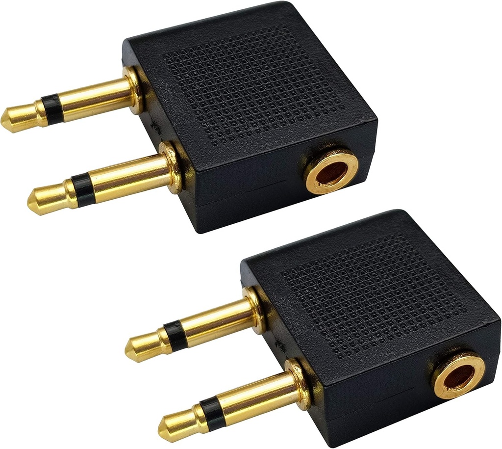 Dual 3,5 mm (1/8") Mann til 3,5mm Kvinne AUX Audio Jack Adapter Converter for bruk av hodetelefon på fly Airline Fly (2 Pack)