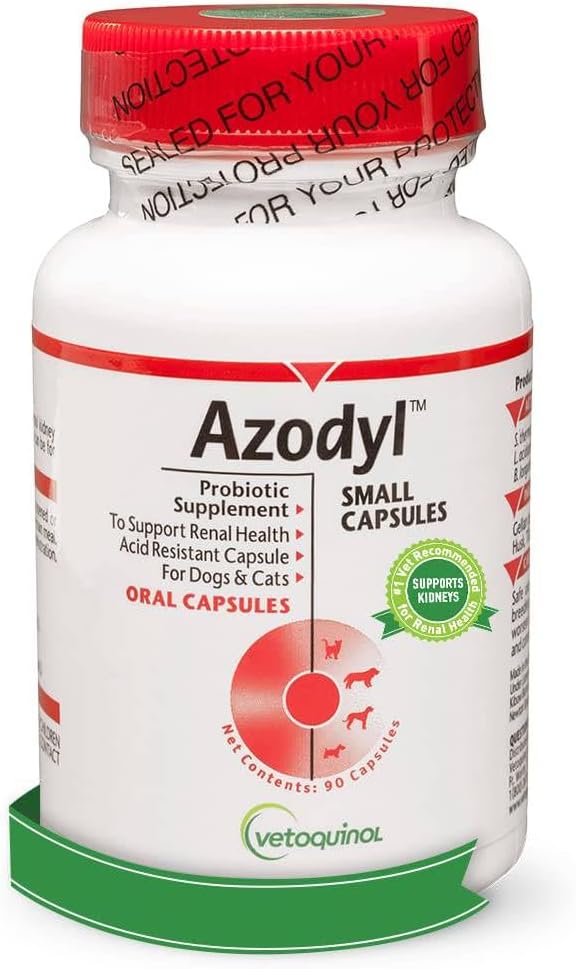 Vetoquinol Azodyl Nyre Helse Supplement for hunder og katter, 90ct - Probiotisk Kjæledyr Velvære - Hjelp Støtte Nyre funksjon & Administrere Nyre Toxiner - Nyre Care Supplement - Easy-to-Swallow Små Caps